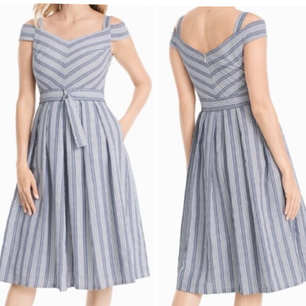 NWOT White House Black Market Pinstriped Fit & Flare Midi Dress Size 6